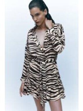 Zara Zebra Print Belted Shirt Dress